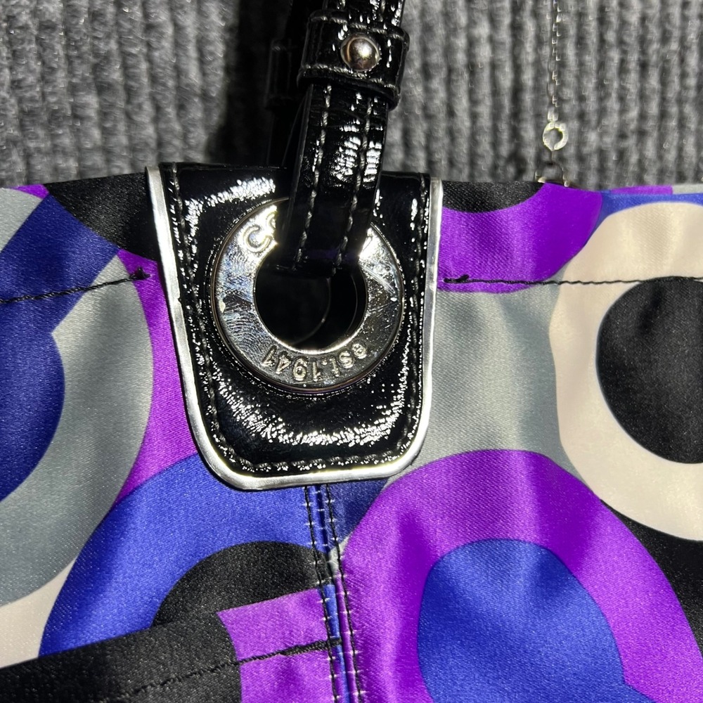 Coach Alex OP Tote Purple Blue C Logo Nylon Patent Trim 14398 Bag Multiprint - Picture 5 of 15